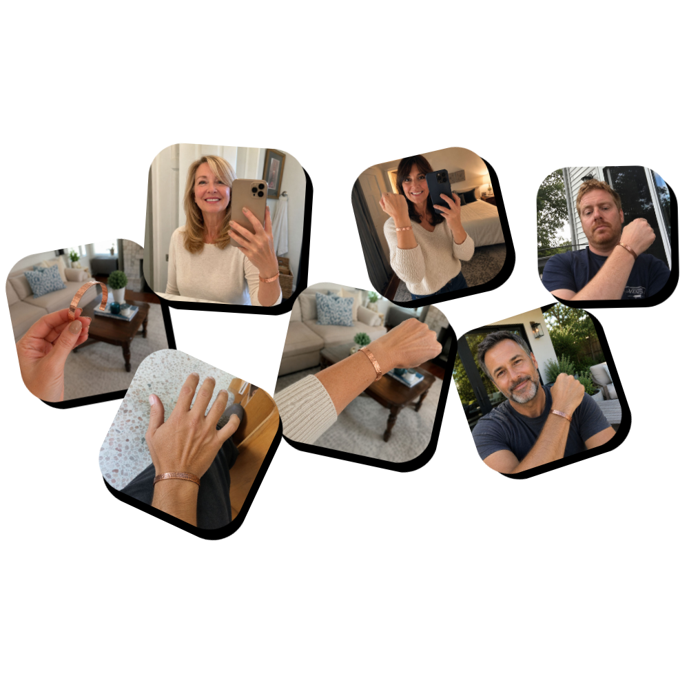 A collage of photos showing various men and women wearing a copper-colored cuff bracelet.